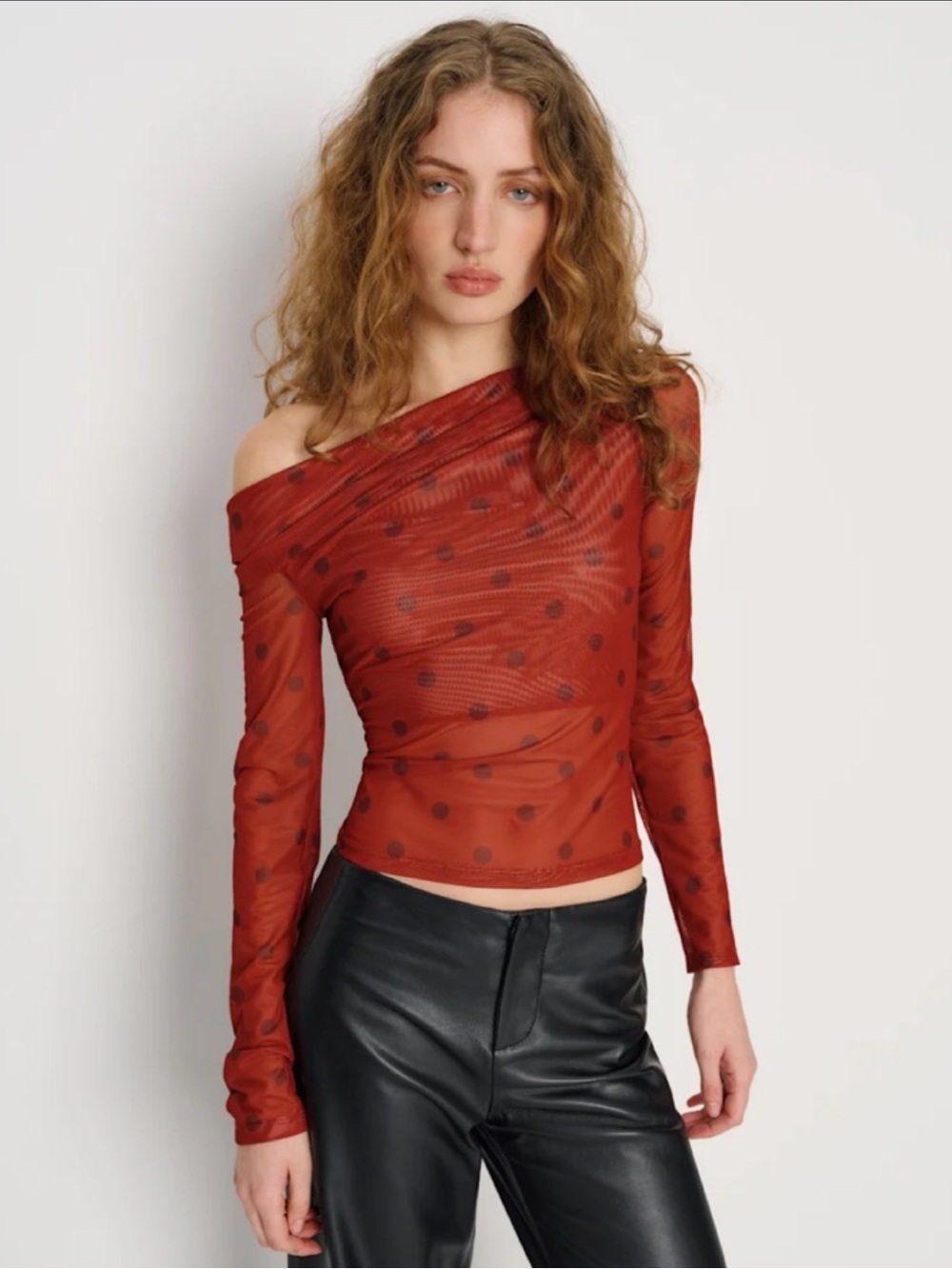 Reformation Elio Knit Off-Shoulder Top in Red Polka Dot